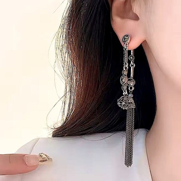 Antique Silver Rhinestone Earring Round Ball Long Fringe Tassel Earrings Boho - Picture 4 of 12